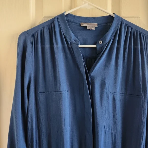 Vince Henley Long Sleeve Blue Rayon Drawstring Shirt Dress Button Front Size S - Picture 3 of 9